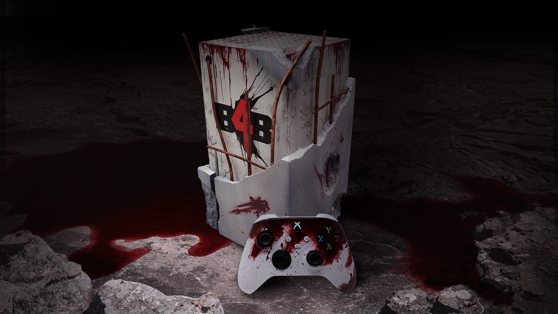 Aperçu de la console et manette Back 4 Blood customisée, avec un fond sombre et lugubre présentant un mélange de ciment et de sang bourgogne.