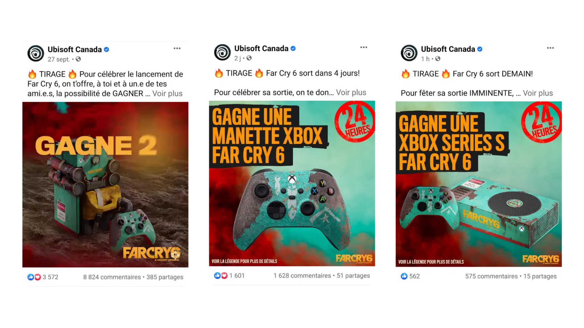 Capture d'écran de certaines publications créées dans le cadre de concours médias sociaux célébrant la sortie imminente de Far Cry 6.