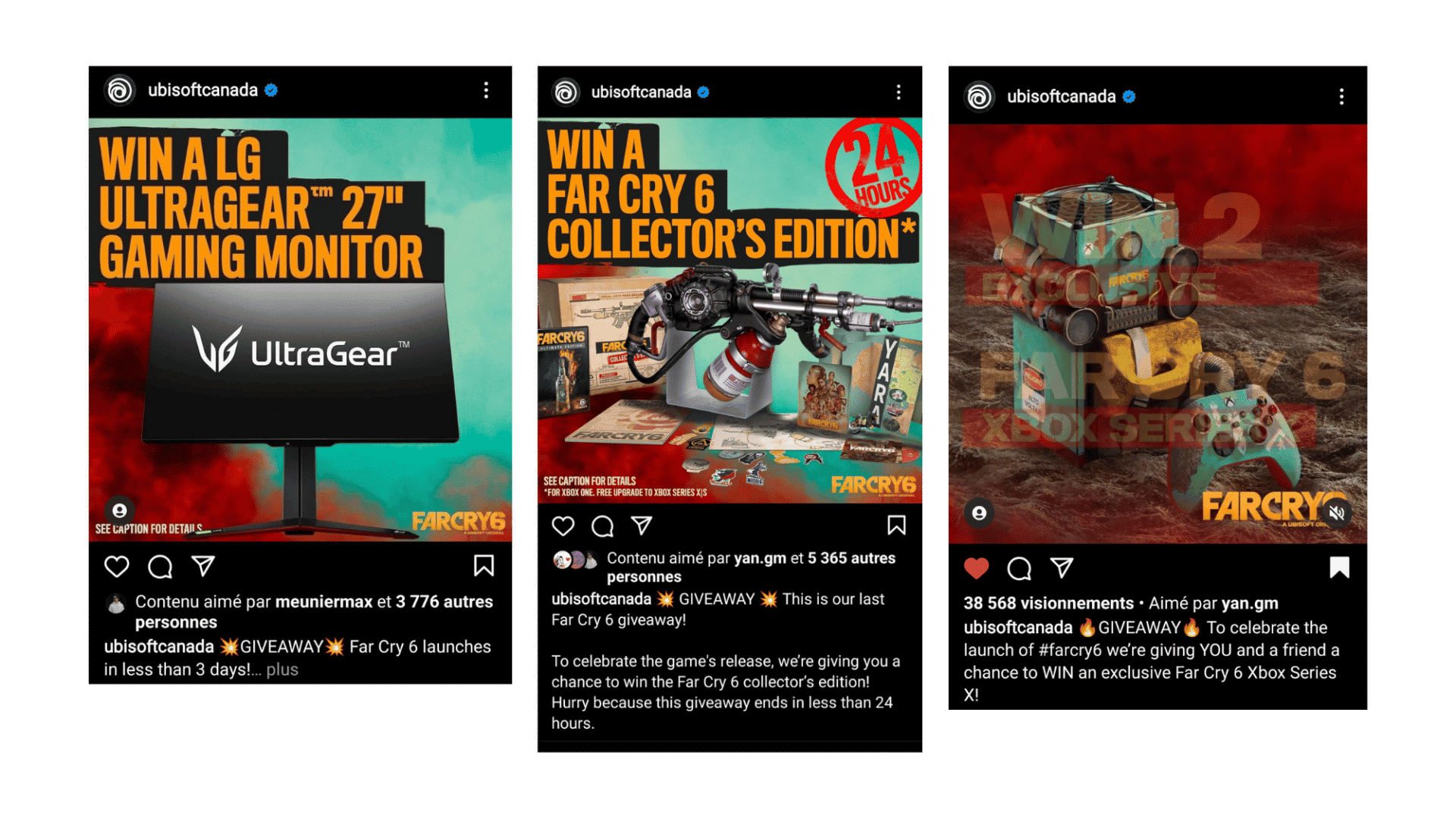 Capture d'écran de certaines publications créées dans le cadre de concours médias sociaux célébrant la sortie imminente de Far Cry 6.