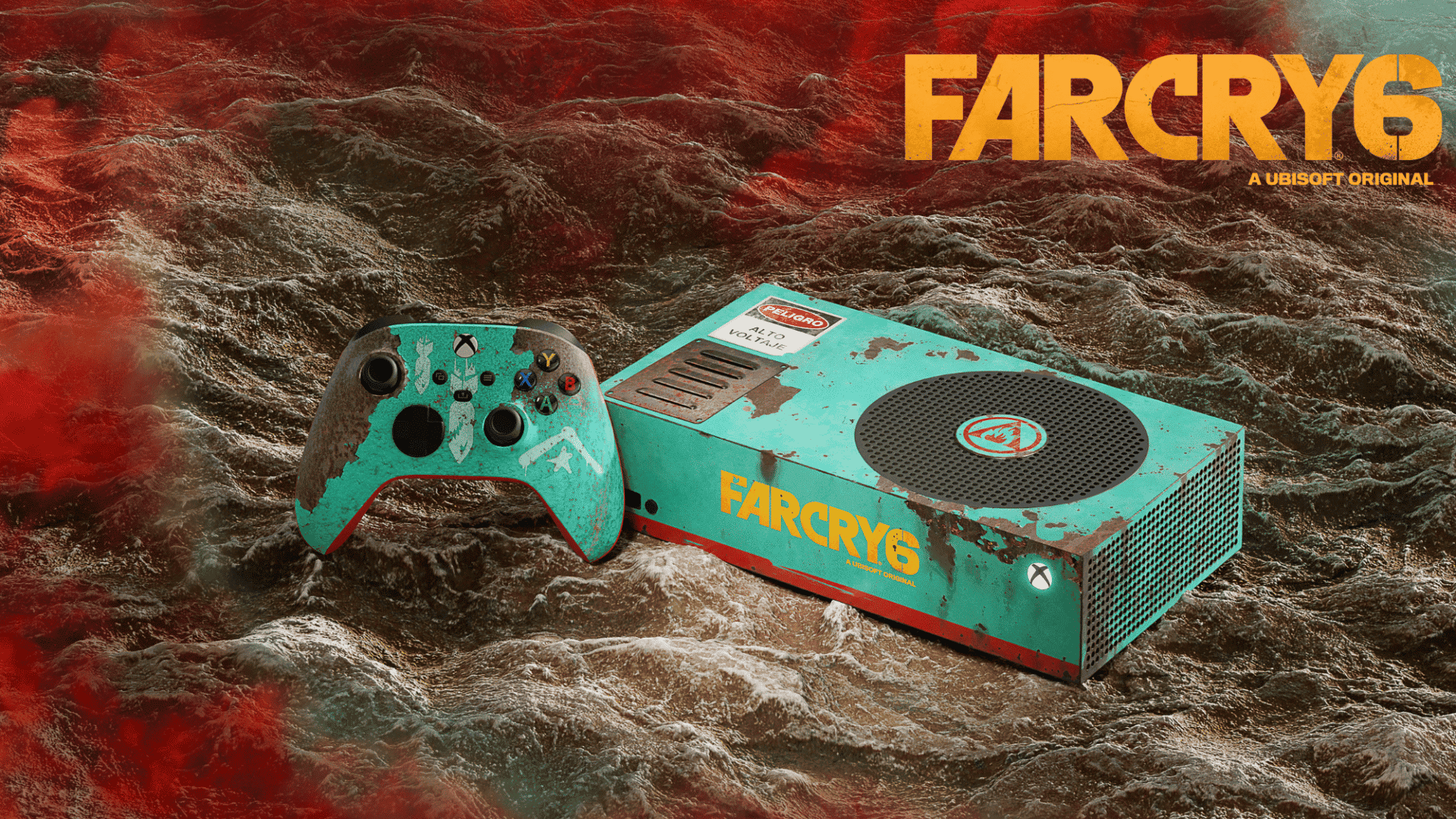 Console et manette Xbox Series S customisée aux couleurs de Far Cry 6.